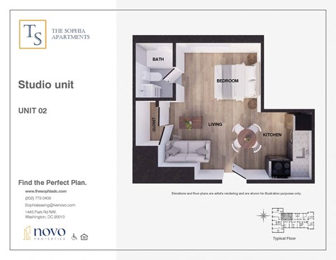 Floor plan for studio, 1 bath